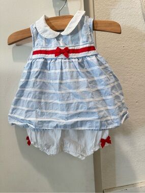 Janie & Jack baby Girls Blue Stripe Dress with Red Bow 3-6 months